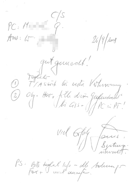 Letzte Seite eines Auditing-Protokolls mit „Hans“ Huber als Fallüberwacher