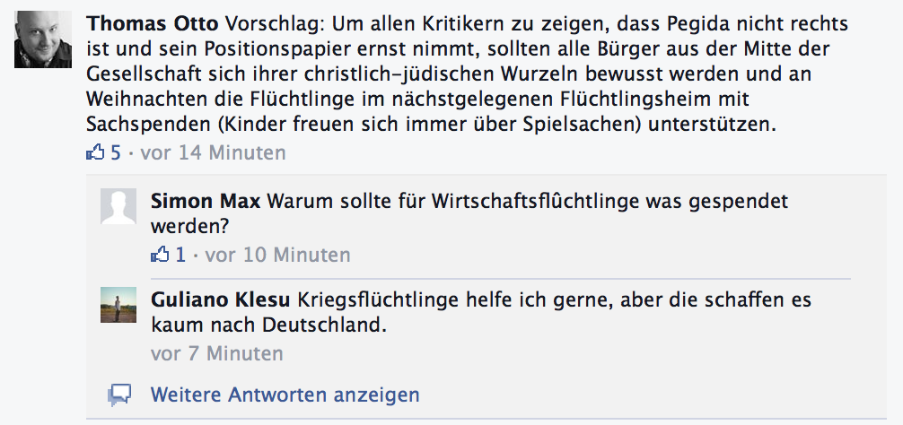 Pegida-Facebook-Diskussion zu Flüchtlingsunterstützung