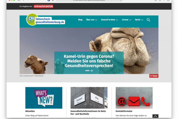 Bildschirmfoto der Webseite mit Spruch: Kamel-Urin gegen Corona?