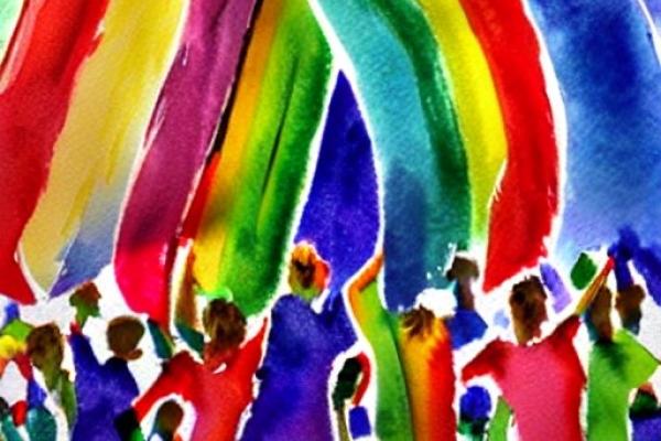 gemalte Menschen mit Regenbogenfahnen