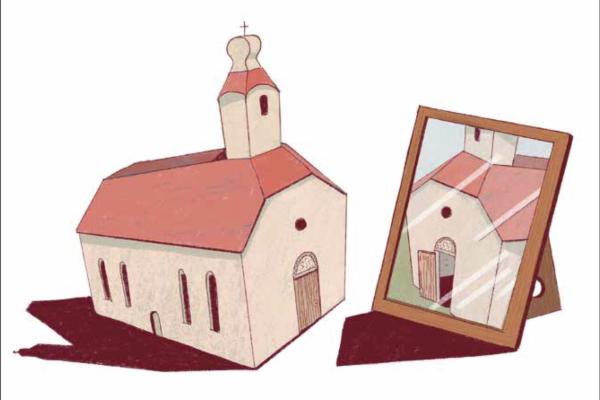 Coverbild: Kirchengebäude vor großem Spiegel