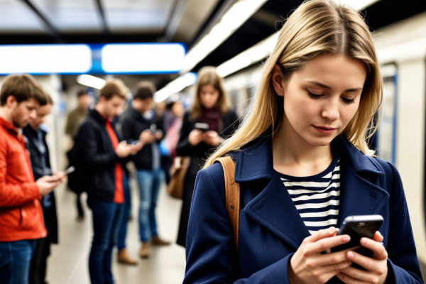 Eine junge Frau schaut auf ihr Smartphone - ebenso wie alle anderen Menschen am Bahnsteig.
