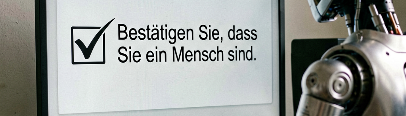 Ein humanoider Roboter klickt auf einem Bildschirm die Checkbox „Bestätigen Sie, dass Sie ein Mensch sind“. (KI-generiertes Bild)