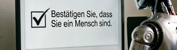 Ein humanoider Roboter klickt auf einem Bildschirm die Checkbox „Bestätigen Sie, dass Sie ein Mensch sind“. (KI-generiertes Bild)