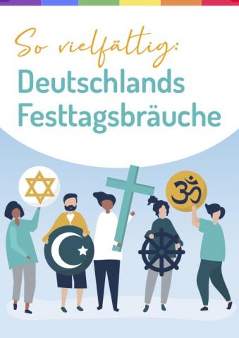 Coverbild Festtagsguide mit Figuren, die Symbole der Religionen halten