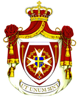 Wappen, in der Mitte weißes Kreuz auf rotem Grund, umrandet von gelb-rotem Samtvorhang, der von einer goldenen Krone hinabhängt