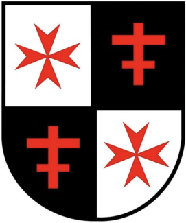 Wappen in vier Felder unterteilt. Jeweils roter Kreuz auf weißem Grund gegenüber, sowie rotes Doppelkreuz auf schwarzem Grund