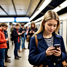 Eine junge Frau schaut auf ihr Smartphone - ebenso wie alle anderen Menschen am Bahnsteig.