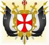 Wappen mit rotem Kreuz auf weißem Grund, goldumrandet, sowie mit jeweils drei schwarz-weißen Flaggen recht und links und zwei Schwertern, mittig ein Zepter