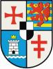 viergeteiltes Wappen, zwei mal rotes Kreuz auf weißem Grund, Löwe und Burgtum