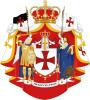 Wappen: ein gelber und ein blauer Ritter mit Fahne auf rotem Grund, zwischen beiden ein Kreuz auf weißem Grund.