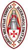 rotes Kreuz auf weißem Grund, dahinter ein Ritter, umgeben vom Namen des Ordens 