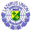 blaue Schrift Lazarus Union über grün-gelbem Wappen und NGO