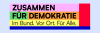 Farbflächen mit Text Zusammen für Demokratie im Bund, vor Ort, für Alle